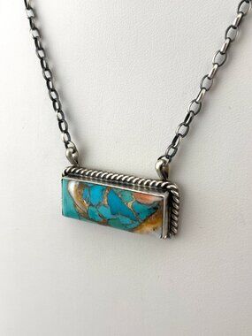 Native American Sterling Silver Orange Krush Turquoise Stone Bar Necklace  J1419